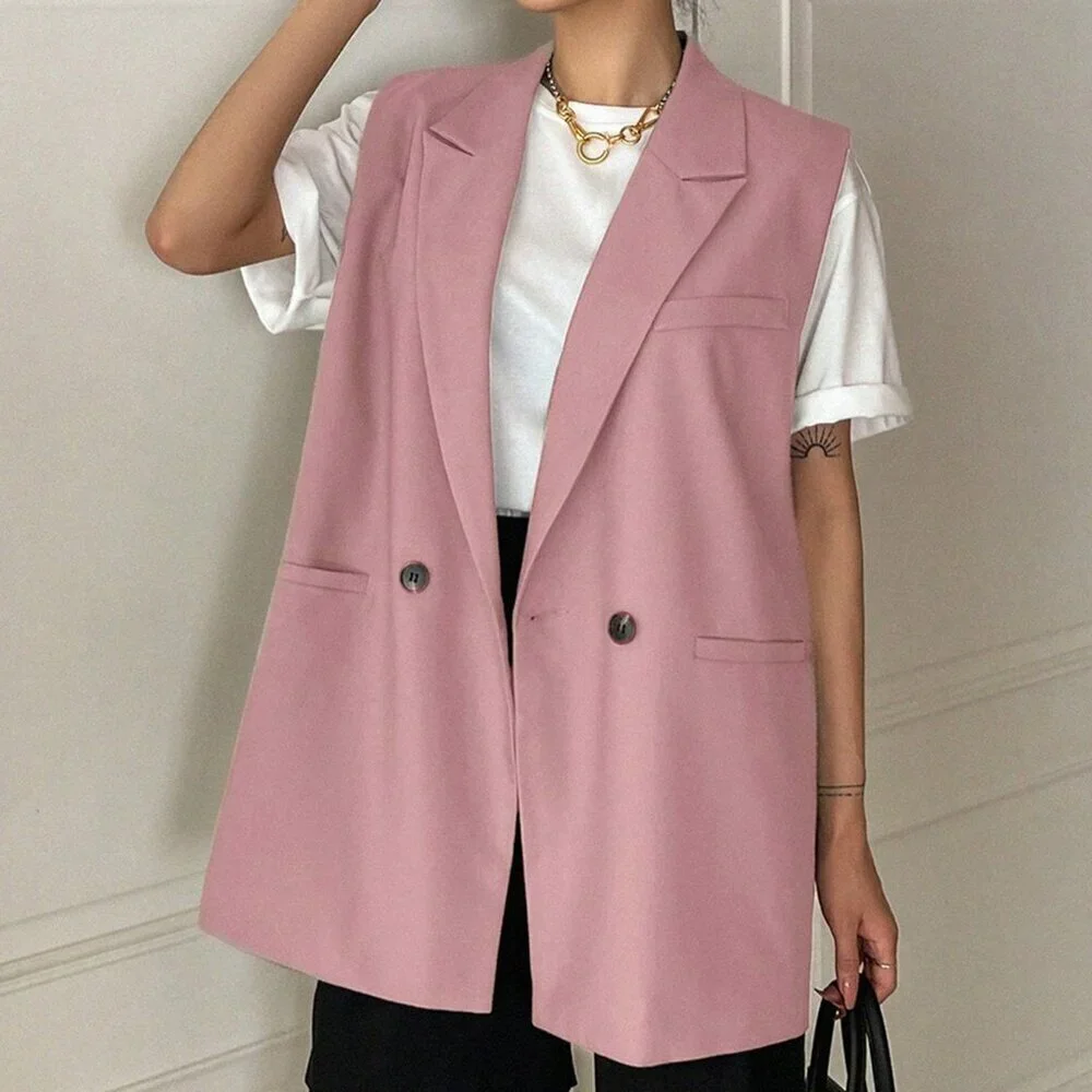 Pink Casual Women's Suit Collar Sleeveless Double-Breasted Vest - Picture 5 of 5